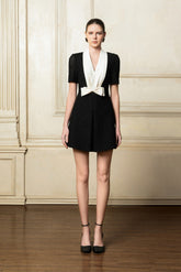 Tweed Mini Dress with Contrast Satin Lapel and Bow Detail for Sophisticated Occasions